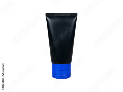 Black cosmetic cream tube with bright blue cap on a transparent background