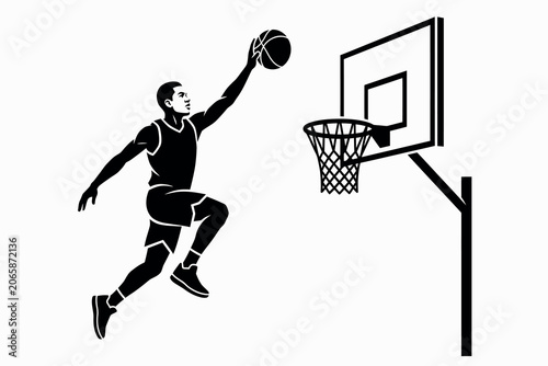 Photography Basketball player dunking silhouette against a hoop and backboard black and whit