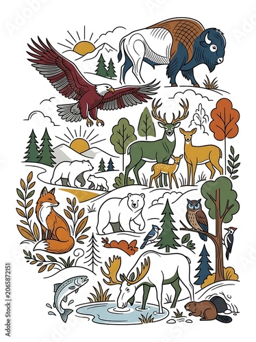 Colorful cartoon animals in a forest meadow scene.