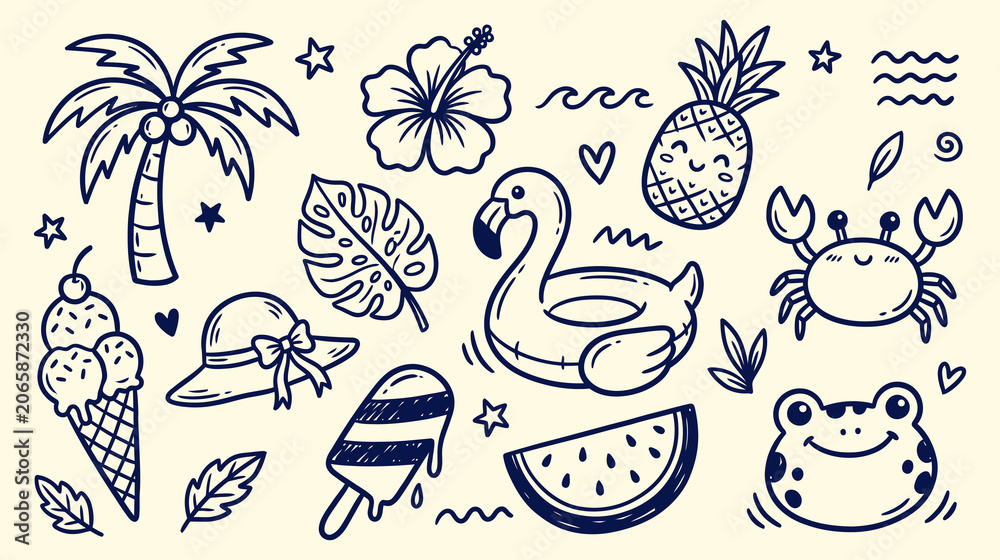 Obraz premium Summer doodle set with tropical elements, palm tree, flamingo float, pineapple, crab, frog, watermelon, ice cream, hibiscus flower and beach hat, hand drawn vector illustration