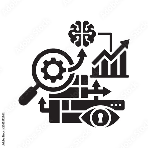 Data pipeline icon with analytics automation and security elements flat vector illustration