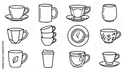 Canvastavla Coffee and tea cup line icons set with mug saucer stack vintage glass floral and