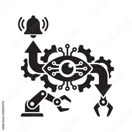 Autonomous data pipeline icon with bell gears and robotic arm on white background