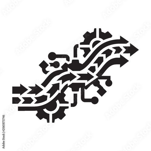 Abstract data pipeline illustration network connections and workflow automation in black silhouette