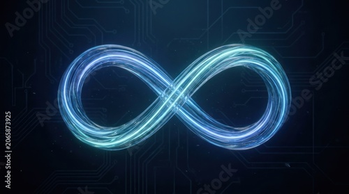 Abstract Blue and Green Neon Infinity Symbol Glowing on Dark Background.