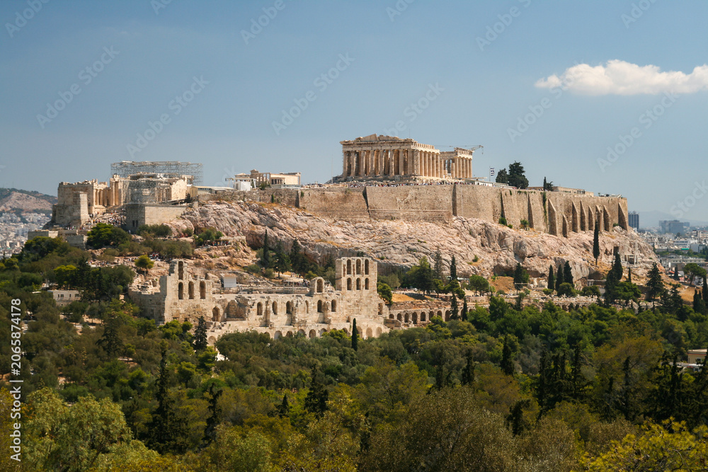 Fototapeta premium Panorama of the Acropolis citadel showing the Parthenon western facade and ancient Roman theater