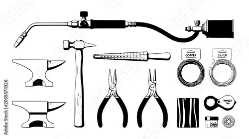 Canvas Print Jewelry making metal smith tools collection vector illustration featuring gas bl
