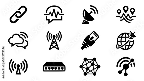 Canvastavla Telecommunication and global network icon set featuring wireless antenna satelli