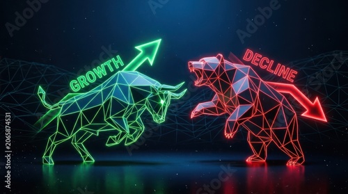 Bull and Bear symbolizing stock market growth and decline in a futuristic digital art style.