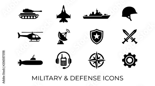 Canvastavla Military and defense technology black silhouette icon set including tank fighter