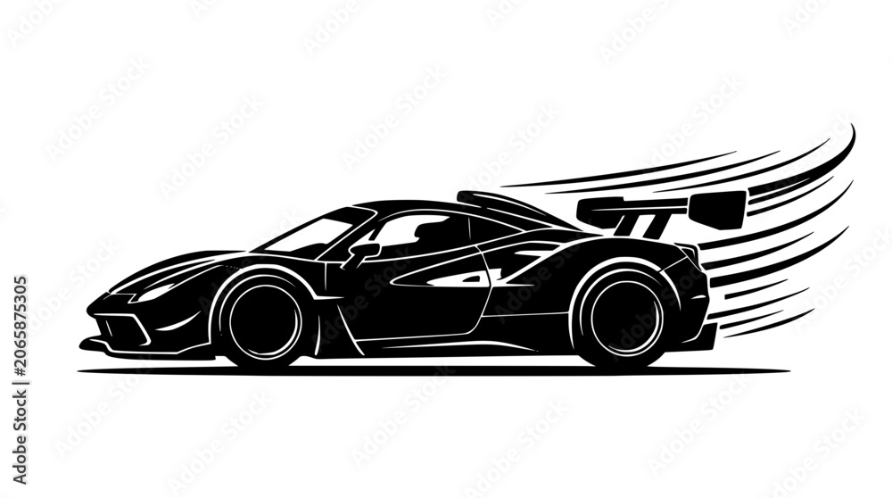Fototapeta premium Modern supercar side view black silhouette vector graphic with dynamic speed motion trails for luxury automotive motorsport race designs