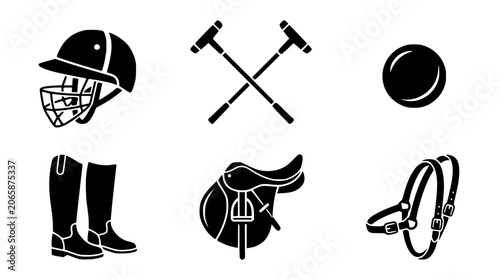 Foto Equestrian and polo sport essential equipment black silhouette icon set includin