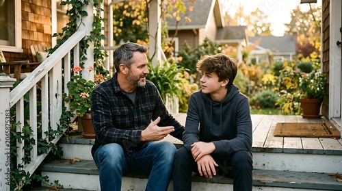 Father and son talking on porch steps at home