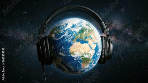 Earth Wearing Headphones in Outer Space with Stars.