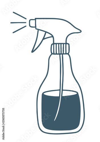 A minimalist hand-drawn illustration of a spray bottle with mist lines on a white background. Doodle