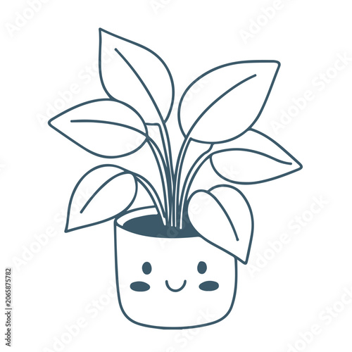 A minimalist illustration of a potted plant with a smiling face on the pot on a white background. Doodle