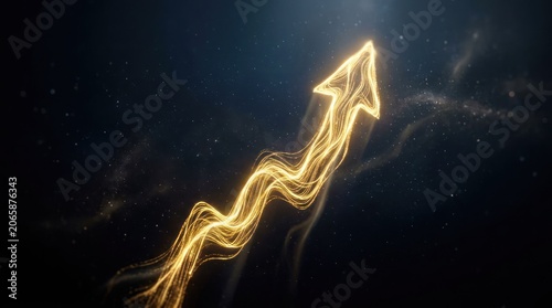 Golden Arrow Ascending with Streaks of Light on Dark Background.