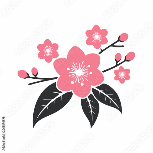 Pink Cherry Blossoms with Buds and Leaves