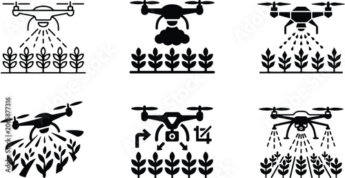 Agricultural drone icon collection showing smart farming technology crop spraying automated cultivation and precision fields management vector line art templates