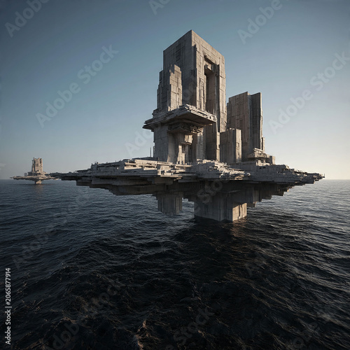 Massive floating concrete islands rise majestically from the deep, calm ocean, showcasing an ancient and mysterious architectural wonder suspended under a clear blue sky, evoking 