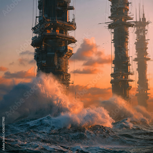 Massive futuristic structures harness the raw kinetic energy of colossal ocean waves under a dramatic, fiery sky, depicting an innovative and powerful future