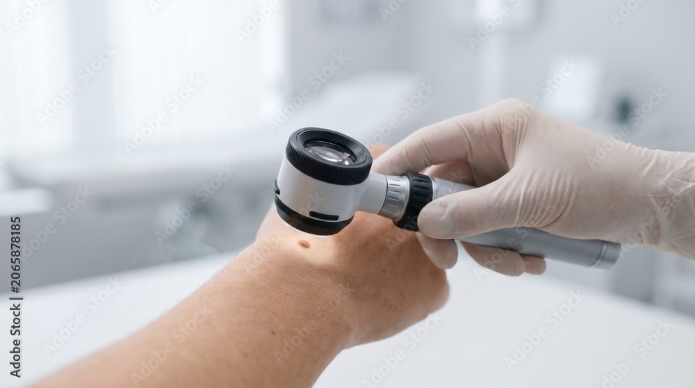 Fototapeta premium Dermatologist examining a mole on patient’s hand with dermatoscope, concept of skin cancer screening, melanoma detection and preventive dermatology care.