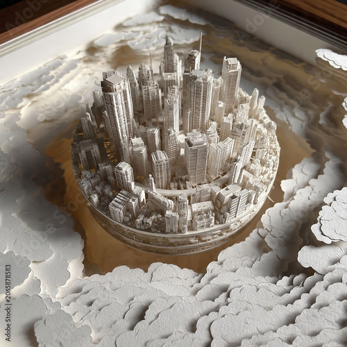 Intricate layered papercut art depicting a vibrant flying city, meticulously crafted with architectural details suspended above soft, sculpted clouds