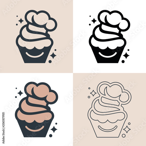 Minimalist Cupcake Chef Logo Set with Muffin Sparkles and Baker Hat Icon Templates