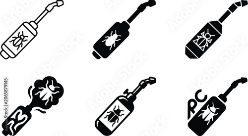 Handheld insecticide chemical spray pump nozzle icon set representing garden pest extermination localized disinfection crop protection and weed control symbols