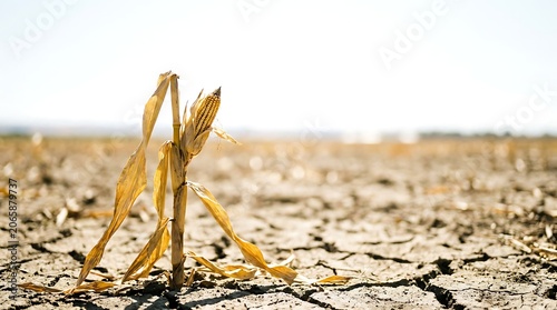Single withered corn stalk in dry cracked agricultural field highlighting meteorology effects