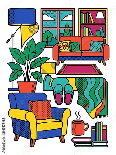 Colorful modern living room with patterned furniture and plants.