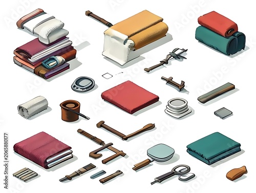 Colorful office supplies scattered on white background.