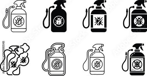 Pest control spray bottle pressure container icon collection showing chemical chemical disinfection weed eradication garden watering and hygiene management symbols