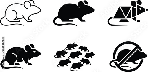 Mouse rat rodent icon collection showing domestic pest infestation control removal trap dynamic running wildlife warning and vector silhouette designs