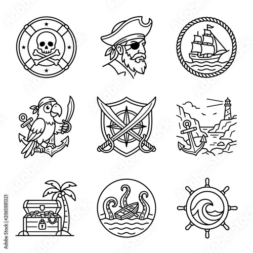 Pirate symbols and nautical icons set.