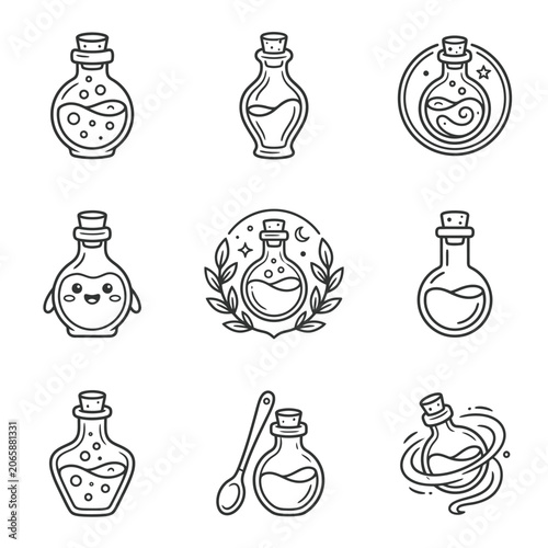 Vintage glass potion bottles collection.