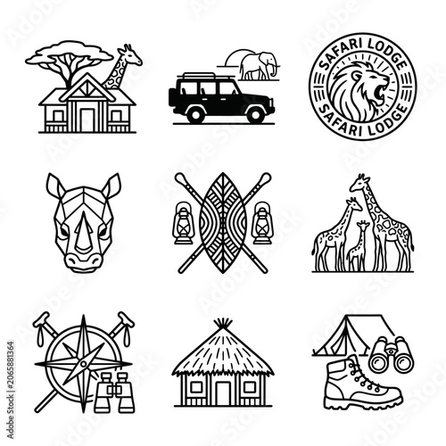 Safari Lodge Adventure Travel Icons Set.