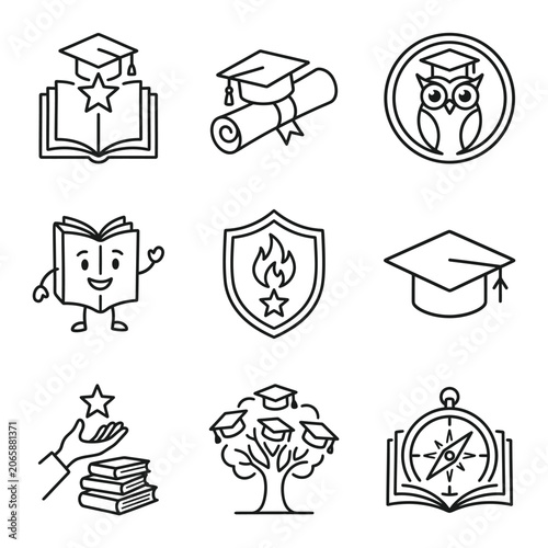 Graduation icons with books and symbols.