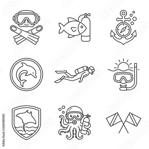 Scuba diving equipment and sea creatures.