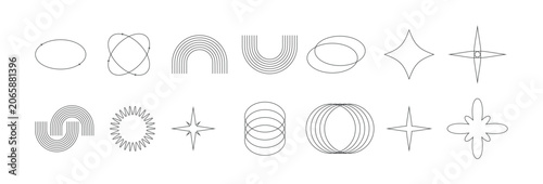 Abstract Minimal Geometric Line Elements Collection with Monoline Shapes, Modern Circular Frames, Stars, Arches and Decorative Outline Design Objects