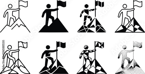 Climbing mountain flag success icon set representing business milestone achievement top peak leadership growth strategy victory and reaching career goals