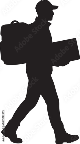 Silhouette of a delivery person carrying packages and a backpack against a transparent background courier deliveryman postman mail carrier package parcel shipping logistics