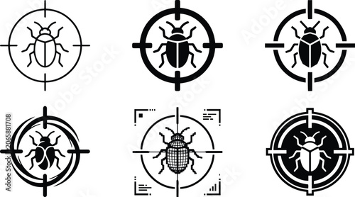 Pest target crosshair control icon set representing bug infestation tracking eradication insect hunting spray localization and domestic hygiene template graphics