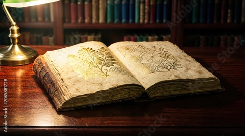 Antique leather-bound book open on a dark mahogany desk with intricate gold-leaf illustrations illuminated by a warm brass desk lamp, creating a scholarly atmosphere of historical academic
