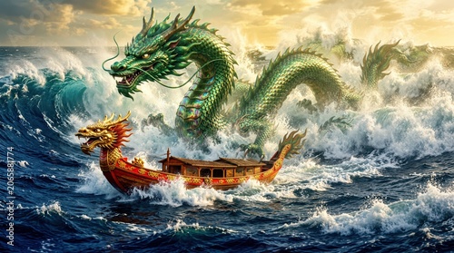 Sea dragon with iridescent emerald scales emerges from turbulent dark blue ocean waves near a traditional wooden dragon boat with vibrant red sails in a cinematic fantasy scene of epic