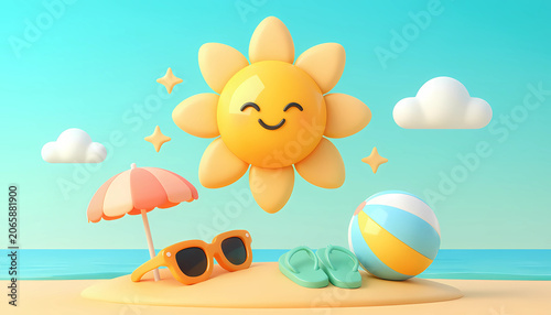 Cute 3D summer beach scene with smiling sun, beach ball, sunglasses, umbrella, and sandals. Fun vacation and holiday concept.