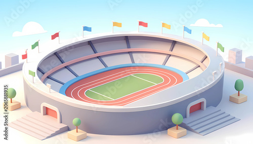 Clean and colorful 3D illustration of a modern sports stadium with running track, ideal for sports, competition, fitness, and event concepts.