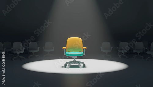 3D illustration of a single office chair under a spotlight, symbolizing leadership, recruitment, opportunity, interview, and business success.