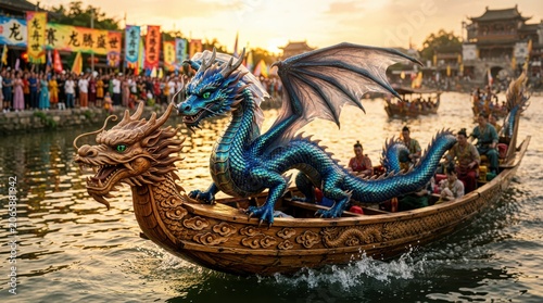 A young wyrm with shimmering iridescent scales curls playfully around the prow of a traditional ornate dragon boat during a vibrant festival celebration. The creature features translucent wing