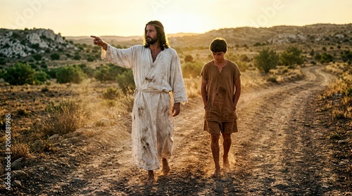 Jesus Christ and a young student walking together along a dusty path in ancient Galilee during golden hour, cinematic wide shot, weathered linen robes, historical scene, warm sunlight, desert